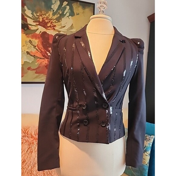 H&M “ Jackson “ Blazer Jacket Black Sequins Striped Padded Shoulders SZ 4 - Picture 1 of 5